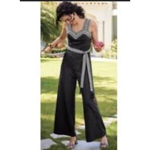 Soft Surroundings Women's Petite Large Romper Jumpsuit Black Embroidered Belt